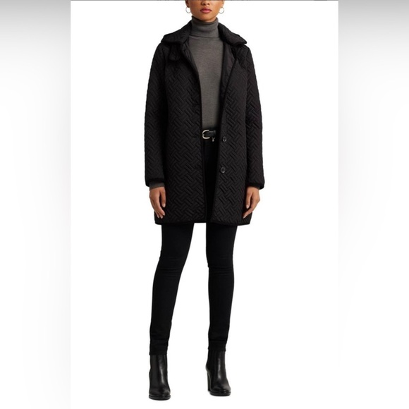 Lauren Ralph Lauren Black Basket Weeve Hooded Quilted Jacket - Picture 2 of 8